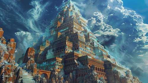 The Tower of Babel with digital architecture futuristic elements