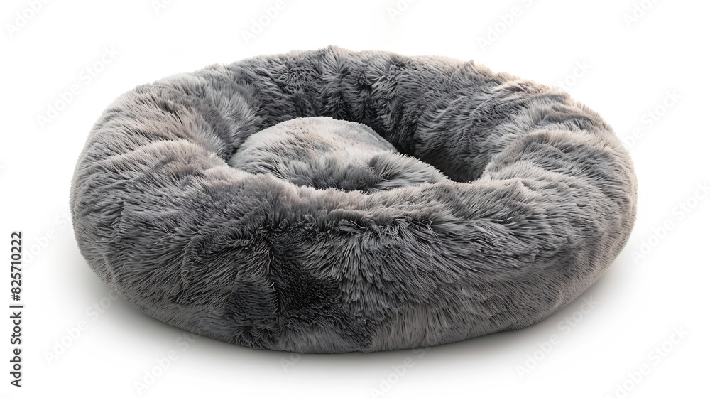 Grey soft round plush pet bed isolated on white : Generative AI Grey soft round plush pet bed isolated on white : Generative AI