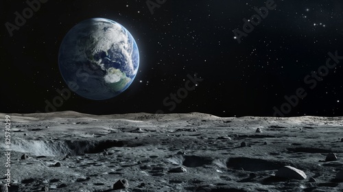 Fototapeta Naklejka Na Ścianę i Meble -  Earths distant view from the rocky surface of the moon in space.