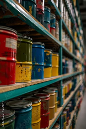 Rows of paint cans on industrial shelves in a storage facility © Media Srock