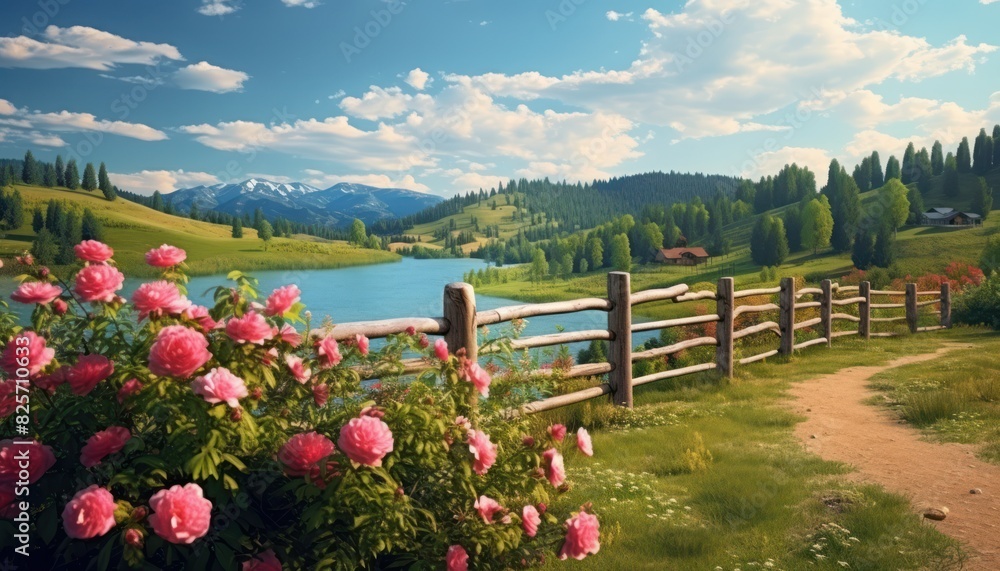 A stunning spring day landscaping views of fertile land surrounded beautiful green vegetation, wide stretches of hills and mountains with clear skies in spring A stunning spring day landscaping views of fertile land surrounded beautiful green vegetation, wide stretches of hills and mountains with clear skies in spring