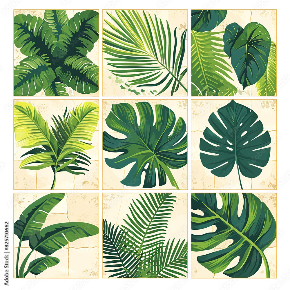 Fototapeta premium Multiple Tropical Leaf Flat Design Collage on Transparent Background