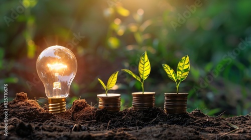 Light bulb is located on soil plants grow on stacked coins Renewable energy generation is essential for the future Renewable energybased green business can limit climate change and glo : Generative AI photo