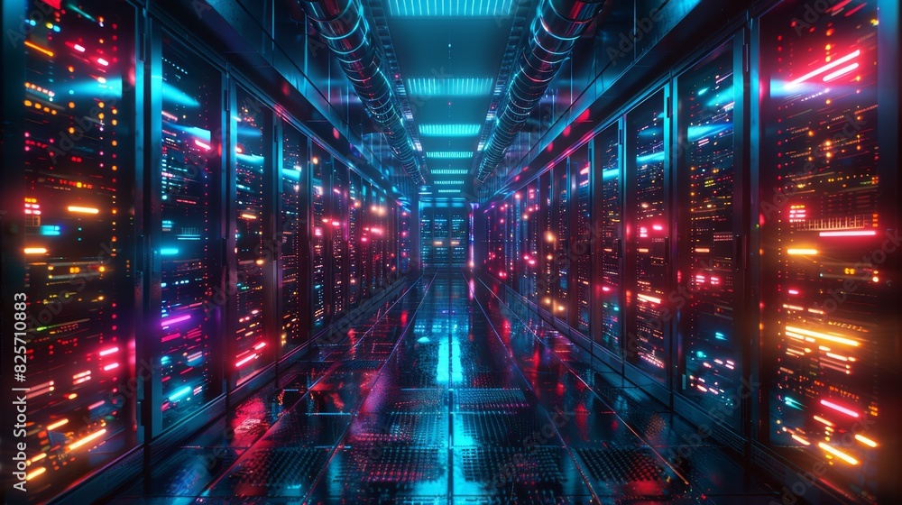 Futuristic server room aisles with glowing lights