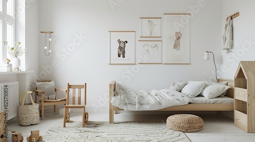 Natural bright kids bedroom interior with wooden furniture designer accessories and posters on a white wall : Generative AI photo