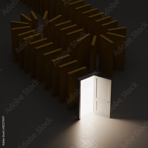 A white door Open with Lighting arranged be hide yellow box in the back line in Dark room. Creative idea concept. 3D Rendering