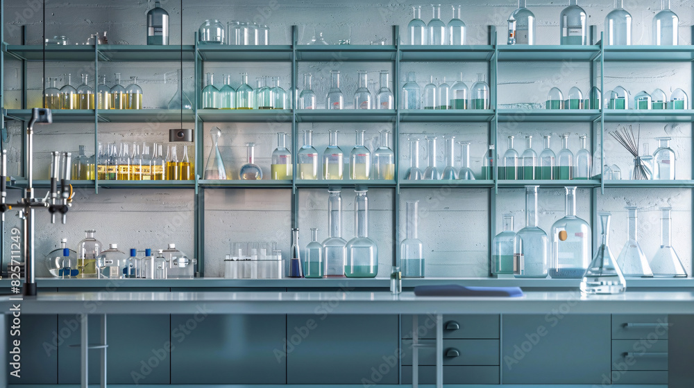 Laboratory with shelves of glassware and chemicals Laboratory with shelves of glassware and chemicals