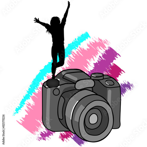 cámara digital con silueta de mujer, ilustración full color 