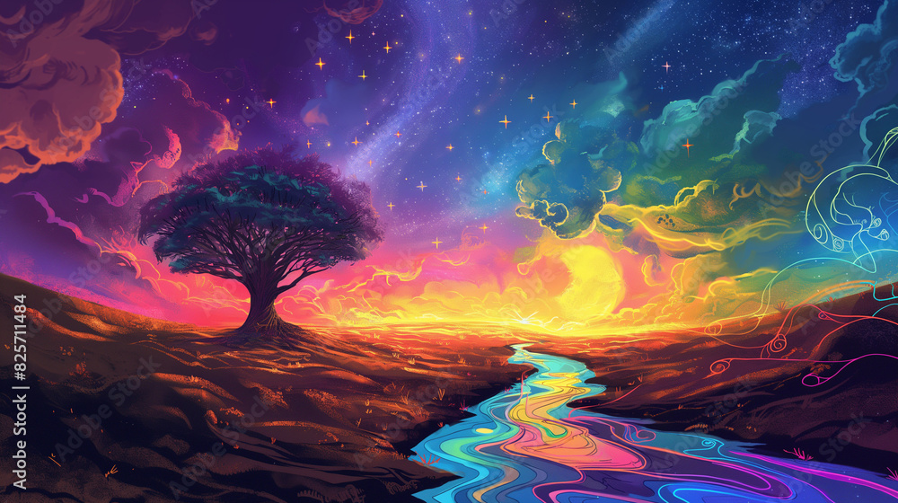 Fototapeta premium A psychedelic landscape with rainbow colors, a tree in the center of it and streams flowing around it. In the sky is a colorful sunset