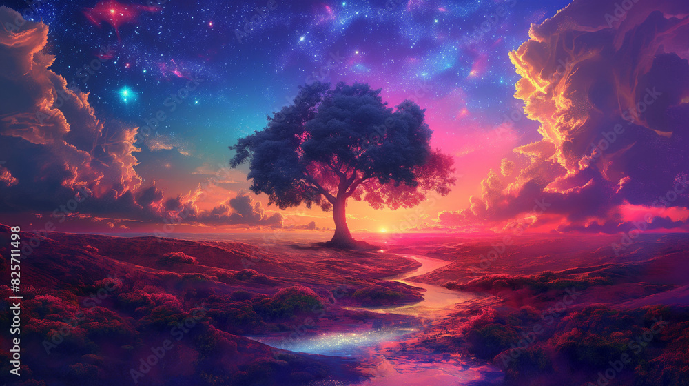 A magic landscape with rainbow colors, a tree in the center with creek near it and colorful sunset sky at background A magic landscape with rainbow colors, a tree in the center with creek near it and colorful sunset sky at background