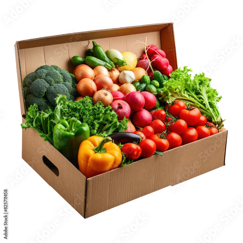 Cardboard box full of colorful fresh vegetables food isolated on transparent png