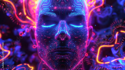 A hyperrealistic digital painting of the human mind with neon patterns and colorful lines  creating an otherworldly visual experience