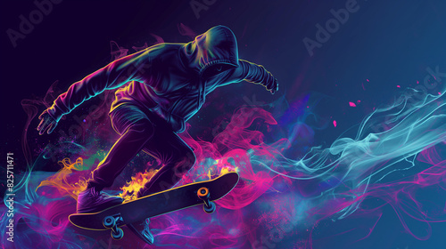 A man skateboarding in the style of hyperdetailed illustrations, with vibrant and colorful digital art, featuring detailed character design and fluid lines