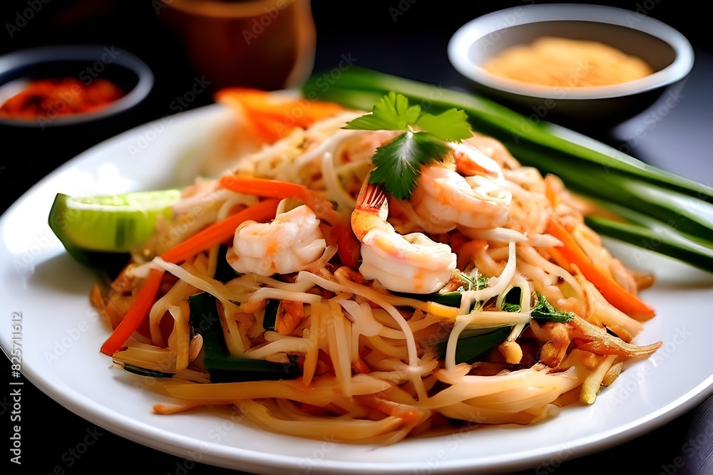 Pad thai, or Phad thai, is a stir-fried rice noodle dish from Thailand. made from rice noodles, , bean sprouts, eggs, prawns and Thai spices Pad thai, or Phad thai, is a stir-fried rice noodle dish from Thailand. made from rice noodles, , bean sprouts, eggs, prawns and Thai spices