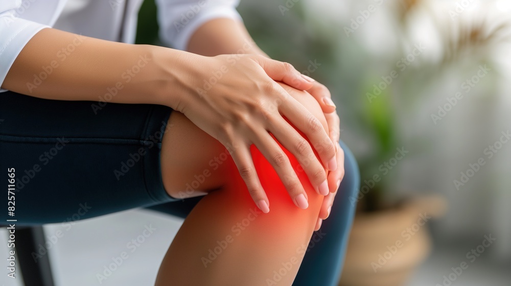 custom made wallpaper toronto digitalWoman sitting on a chair holding her sore knee at a doctor's appointment in a clinic