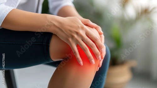Wallpaper Mural Woman sitting on a chair holding her sore knee at a doctor's appointment in a clinic Torontodigital.ca