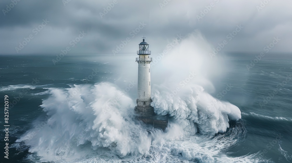 Lighthouse withstands the fury of a stormy sea with fog Lighthouse withstands the fury of a stormy sea with fog