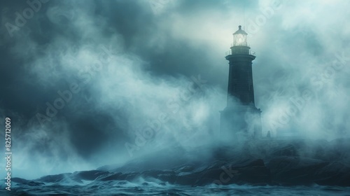 Lighthouse withstands the fury of a stormy sea with fog