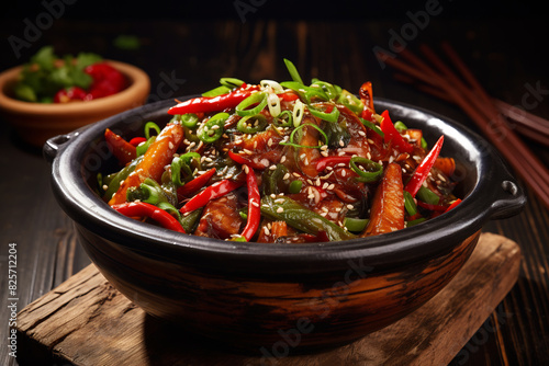 Steaming bowl of spicy crawfish garnished with fresh herbs, lemon wedges, and chili peppers, set against a dark background, showcasing vibrant colors and rich flavors