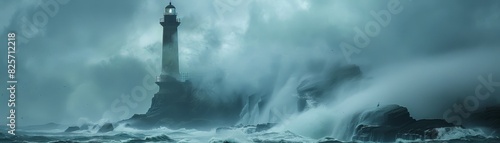 Lighthouse withstands the fury of a stormy sea with fog photo