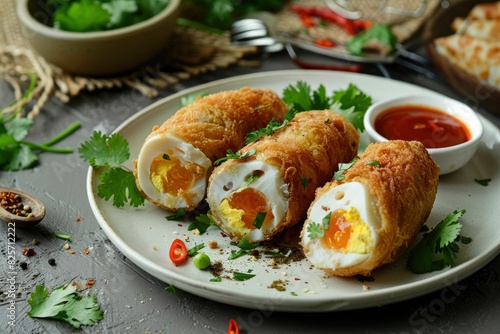 Indonesian Risoles Food with egg and chicken filling , served with chili sauce and coriander leaves in white plate and rustic background - generative ai