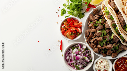 High-definition top-down shot of shawarma ingrediants, contents perfectly visible against a white background with copyspace on right.