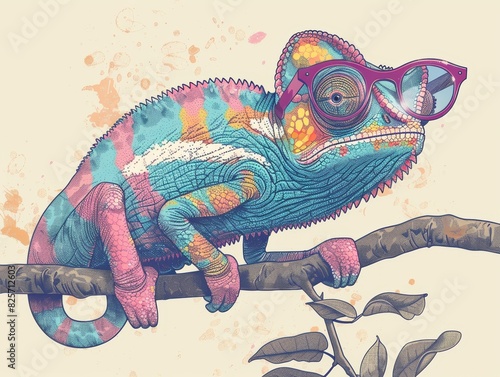 A colorful chameleon wearing glasses sits on a branch.  vector