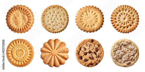 Collection of tasty cookie or biscuit isolated on a transparent background, top view, PNG
