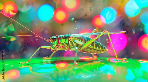A cricket with augmented reality projections hopping on a neongreen surface, its surroundings a blur of futuristic lights photo