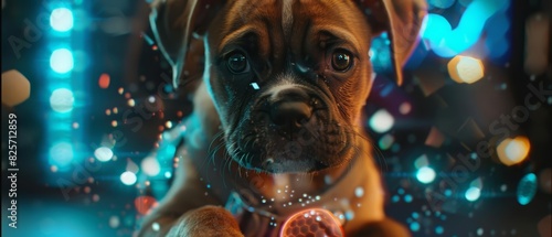 A cute charismatic closeup of a puppy in a detective outfit, solving mysteries with futuristic styles hologram clues photo