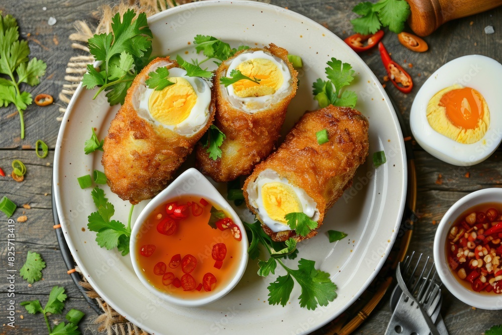 Indonesian Risoles Food with egg and chicken filling , served with chili sauce and coriander leaves in white plate and rustic background - generative ai Indonesian Risoles Food with egg and chicken filling , served with chili sauce and coriander leaves in white plate and rustic background - generative ai