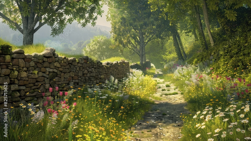Obraz premium A quiet countryside lane lined with blooming wildflowers and old stone walls, offering a peaceful retreat into nature.