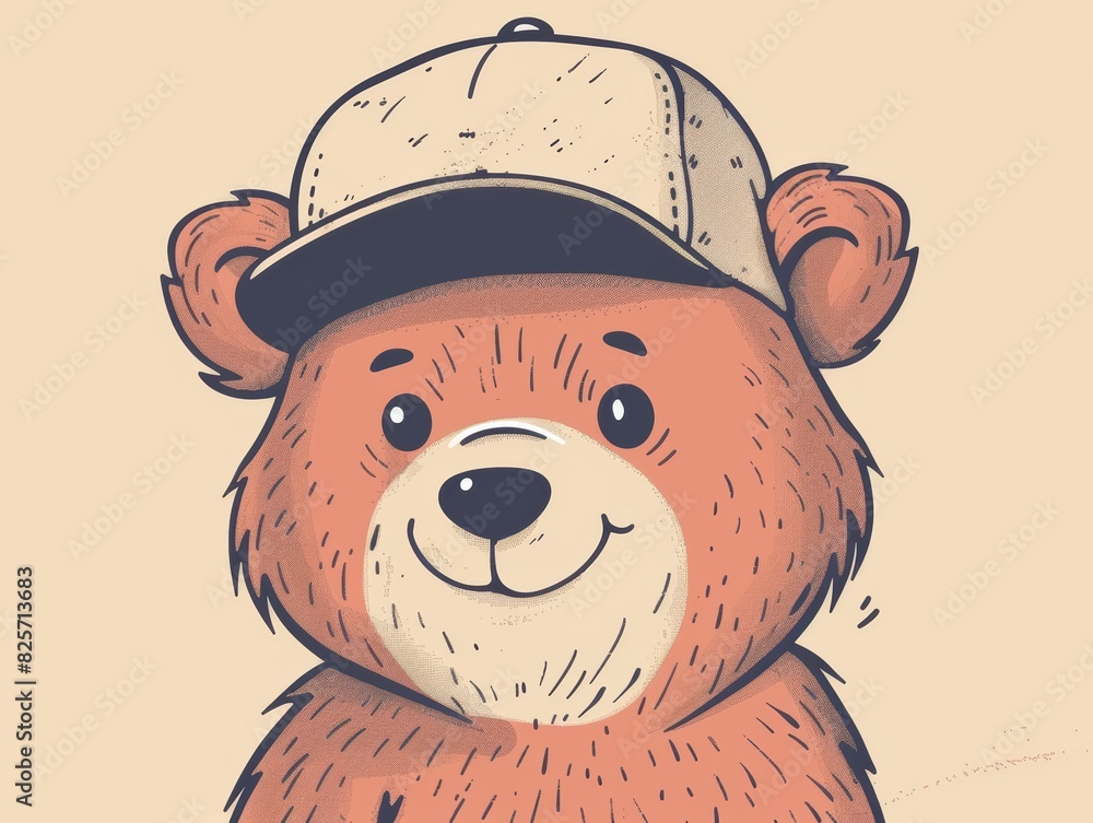 Fototapeta premium A cute cartoon brown bear wearing a baseball cap, looking directly at the viewer with a big smile.