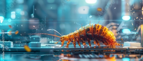 A mealworm with biotechnological enhancements crawling in a futuristic laboratory, its backdrop a blur of advanced tech