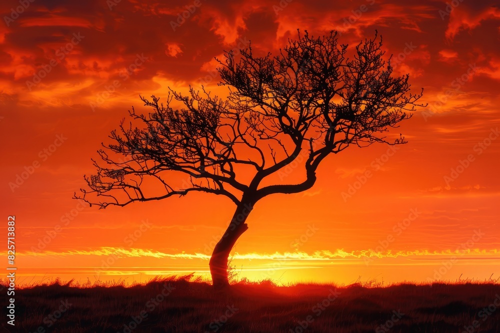 A lone tree silhouetted against a fiery sunset, its branches reaching out like tendrils of flame. A lone tree silhouetted against a fiery sunset, its branches reaching out like tendrils of flame.