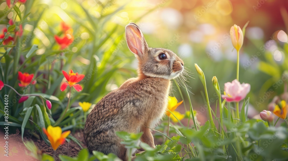 Fototapeta premium A rabbit sniffing flowers in a vibrant spring garden.