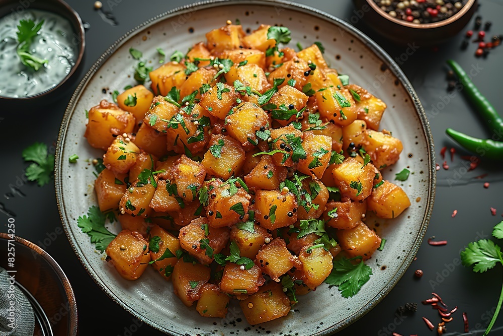 Photo of a South Indian dish with golden potatoes on a white plate Photo of a South Indian dish with golden potatoes on a white plate