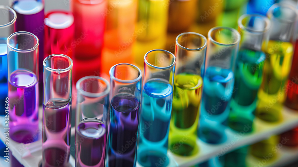 Close-up of test tubes with different colored liquids in a rack Close-up of test tubes with different colored liquids in a rack