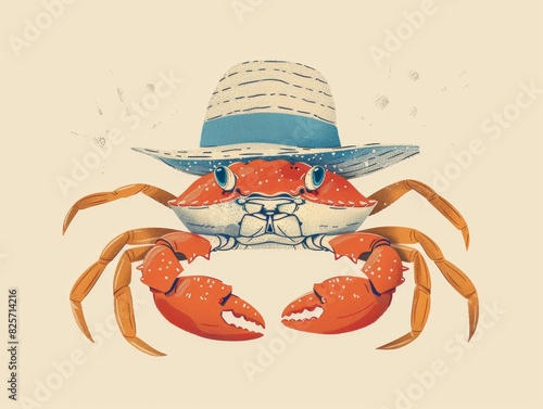 A cute cartoon crab wearing a summer straw hat with blue band. photo