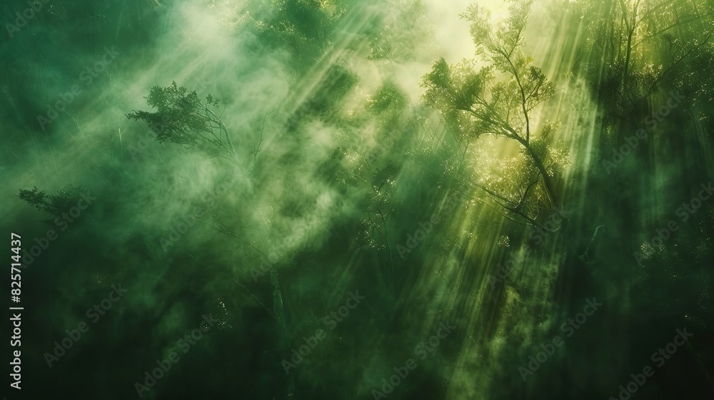 Fototapeta premium green foggy forest with tall trees, light coming through the tree tops, close up, grainy look