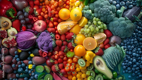 Fresh organic fruits and vegetables in rainbow colors