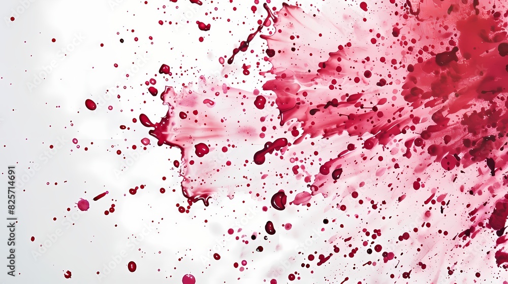 Ruby paint splatters arranged in a mesmerizing composition on a backdrop of pure white, evoking a sense of wonder and fascination