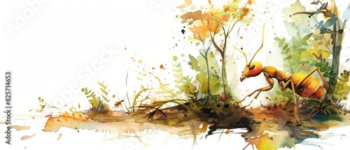 A water color of an ant, painted in a surreal style, exploring a fantastical world, deep in an enchanted forest, Clipart isolated on white