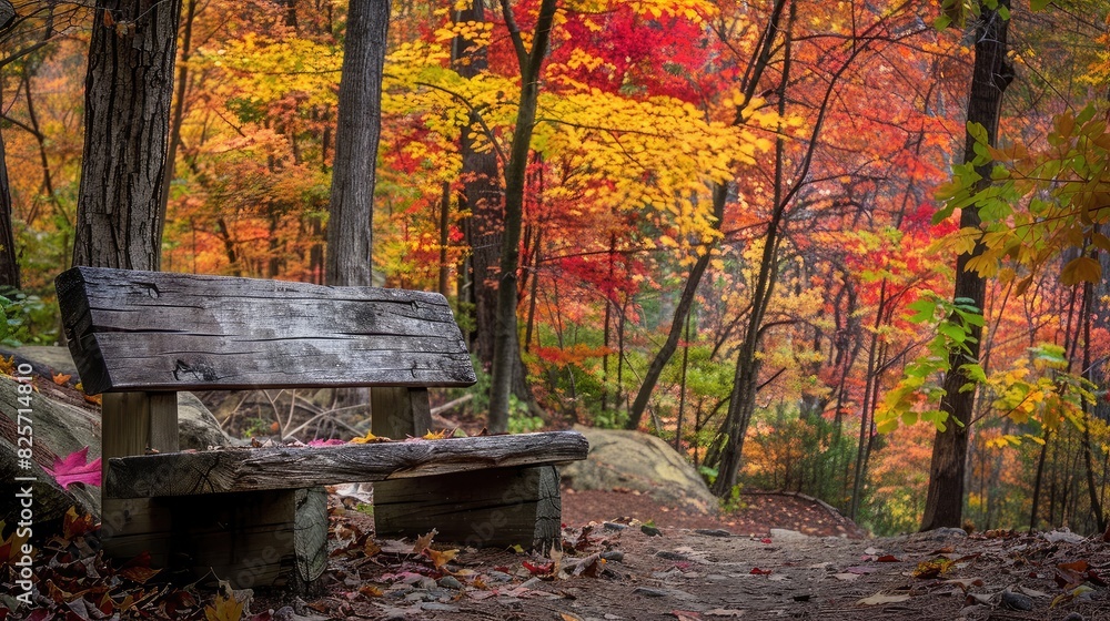 Obraz premium A rustic wooden bench nestled amidst trees ablaze with fall colors, offering a peaceful retreat in the leafy season.