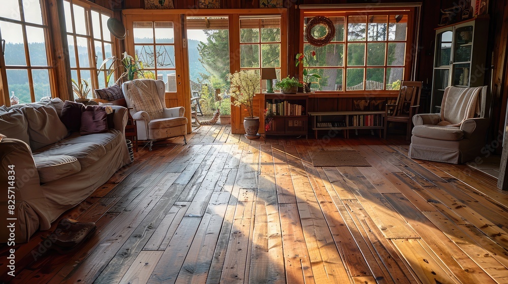 Fototapeta premium A rustic wooden floor in a cozy cabin, inviting relaxation and comfort in a natural setting.