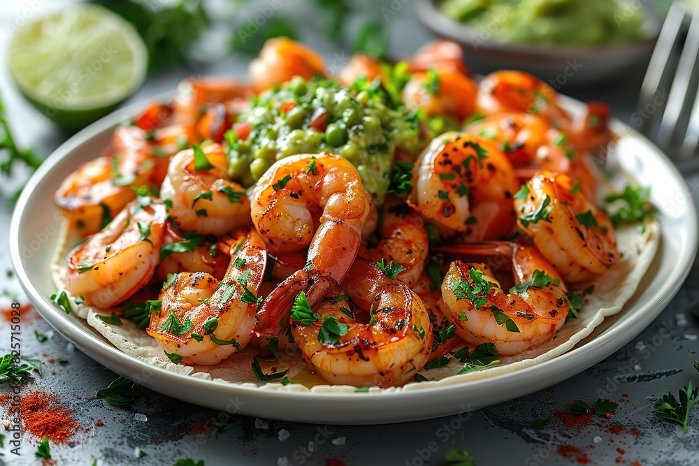A plate of shrimp with a side of guacamole A plate of shrimp with a side of guacamole