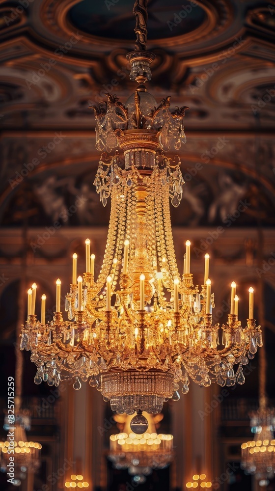 A lavish golden chandelier casting shimmering light in an opulent ballroom. A lavish golden chandelier casting shimmering light in an opulent ballroom.