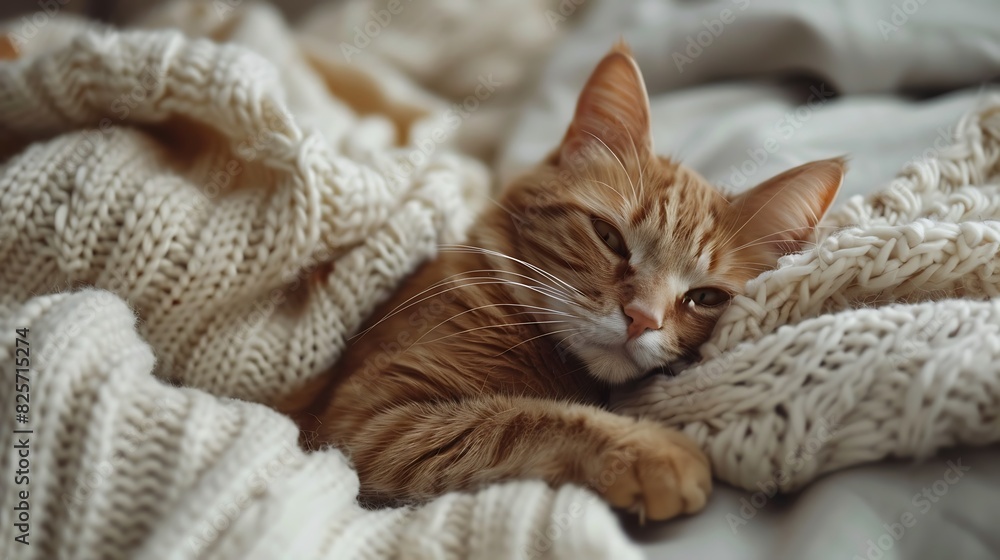 Ginger cat lies on white sweater scandi style Ginger cat lies on white sweater scandi style