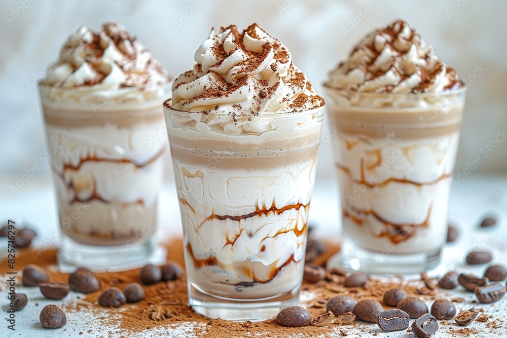 Three glasses of ice cream with whipped cream and chocolate sprinkles on top Three glasses of ice cream with whipped cream and chocolate sprinkles on top