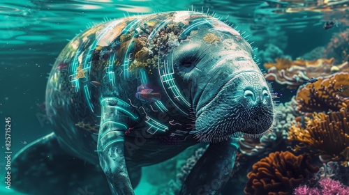 An amazing closeup of a manatee in a diving suit, exploring a coral reef with a cyberpunk 80s styles hologram of marine life © Sweettymojidesign